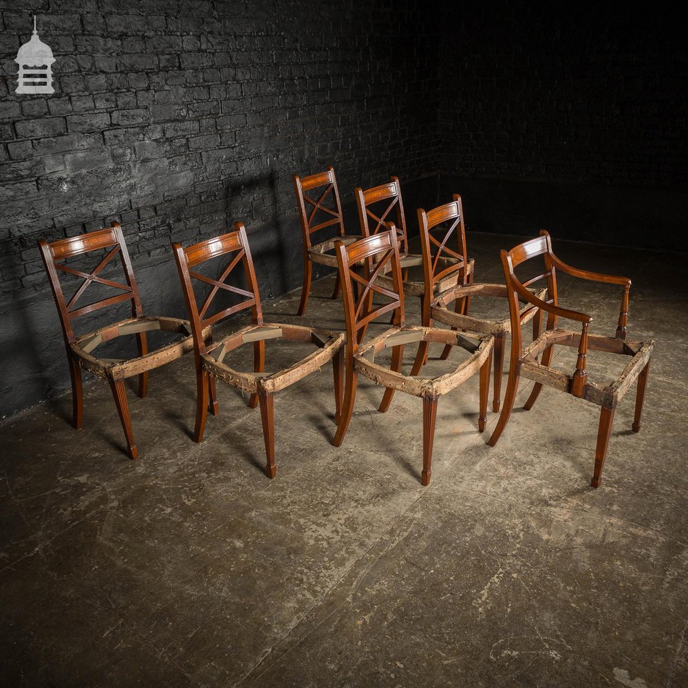 Set of Six George III Reeded Mahogany Dining Chairs and One Carver Chair Ready for Upholstery