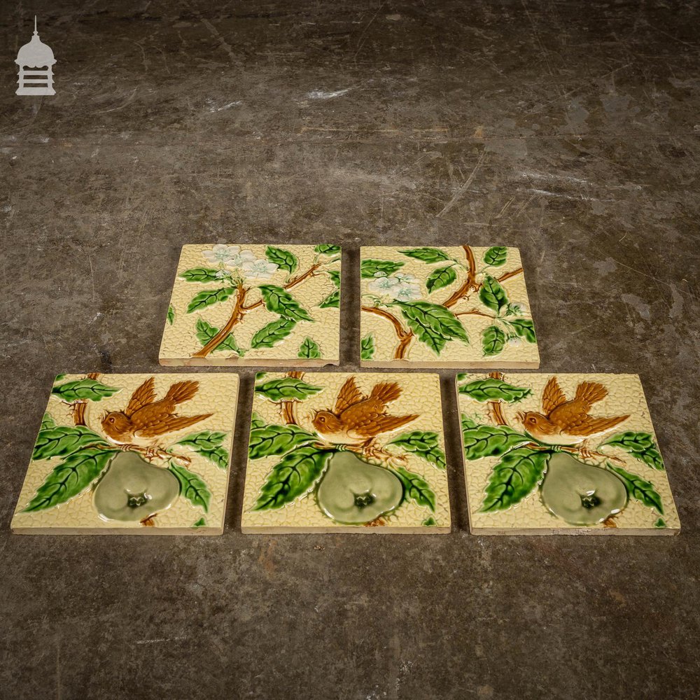 Set of 5 Original Minton 6x6 Tiles with Birds and Pears