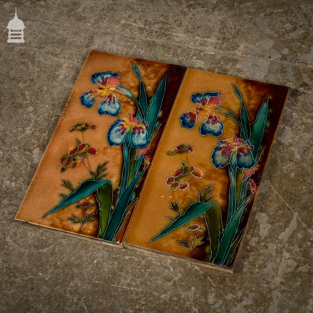 Pair of Floral Tube Lined 12x6 Tiles with Colourful Iris Design