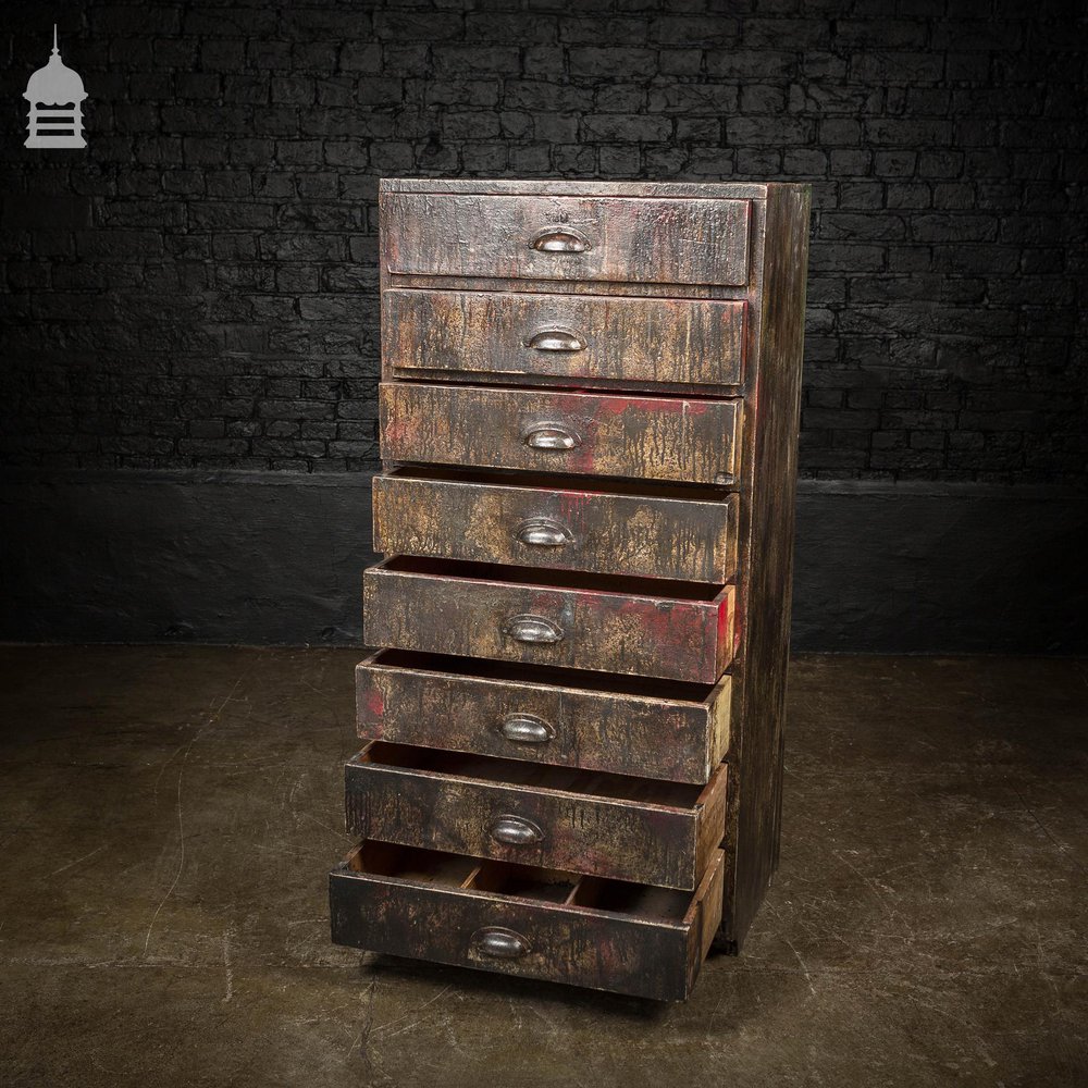 Industrial Workshop Drawers Unit with Distressed Finish and Brass Cup Handles