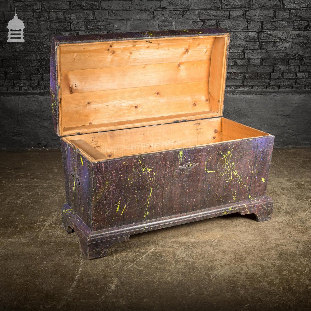 19th C Pine Trunk Chest with Distressed Purple Paint Finish