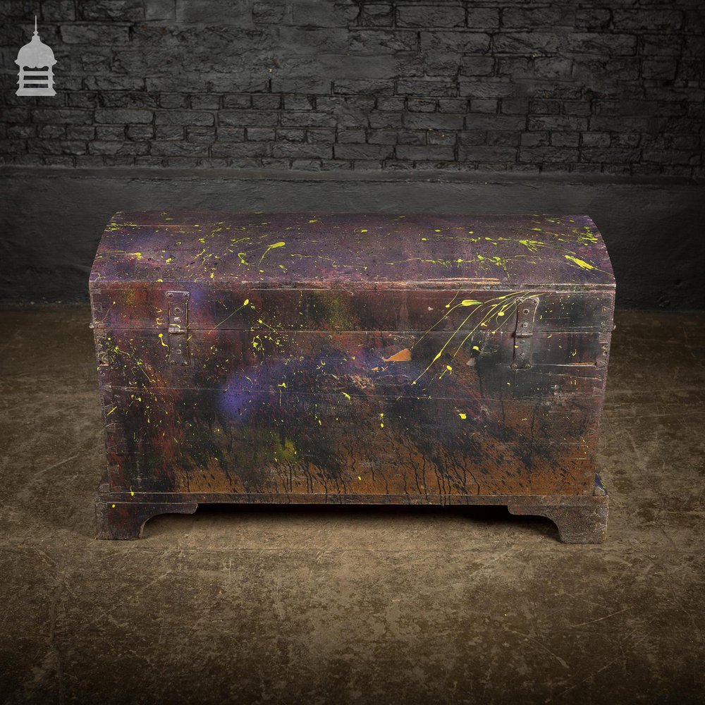 19th C Pine Trunk Chest with Distressed Purple Paint Finish