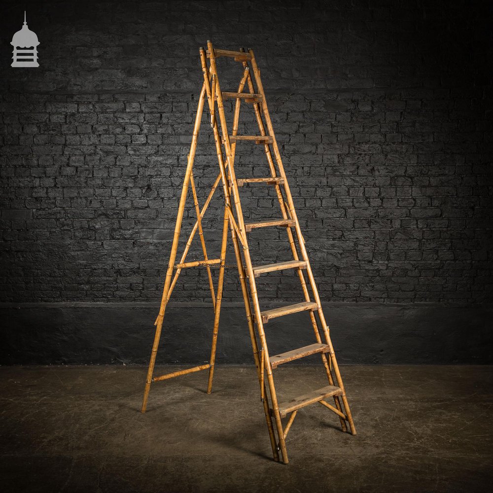 19th C Folding Bamboo and Pine A-Steps Ladder