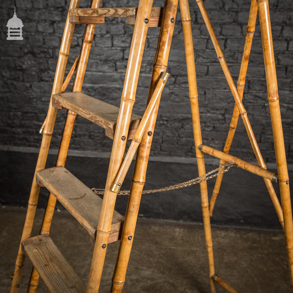 19th C Folding Bamboo and Pine A-Steps Ladder