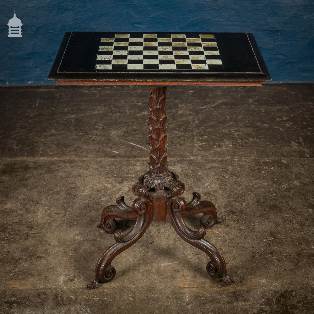 Ornate 18th C Tripod Base with Later Slate Hand Painted Chess Table Top