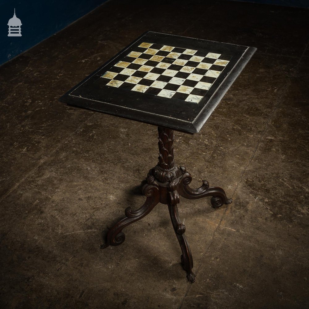 Ornate 18th C Tripod Base with Later Slate Hand Painted Chess Table Top