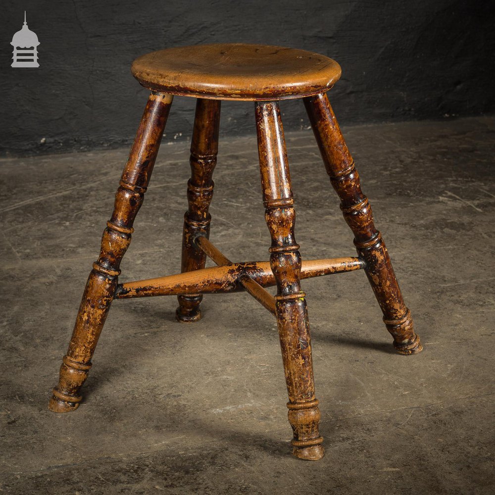 18th C Stool with a Circular Sycamore Top on Turned Elm Legs