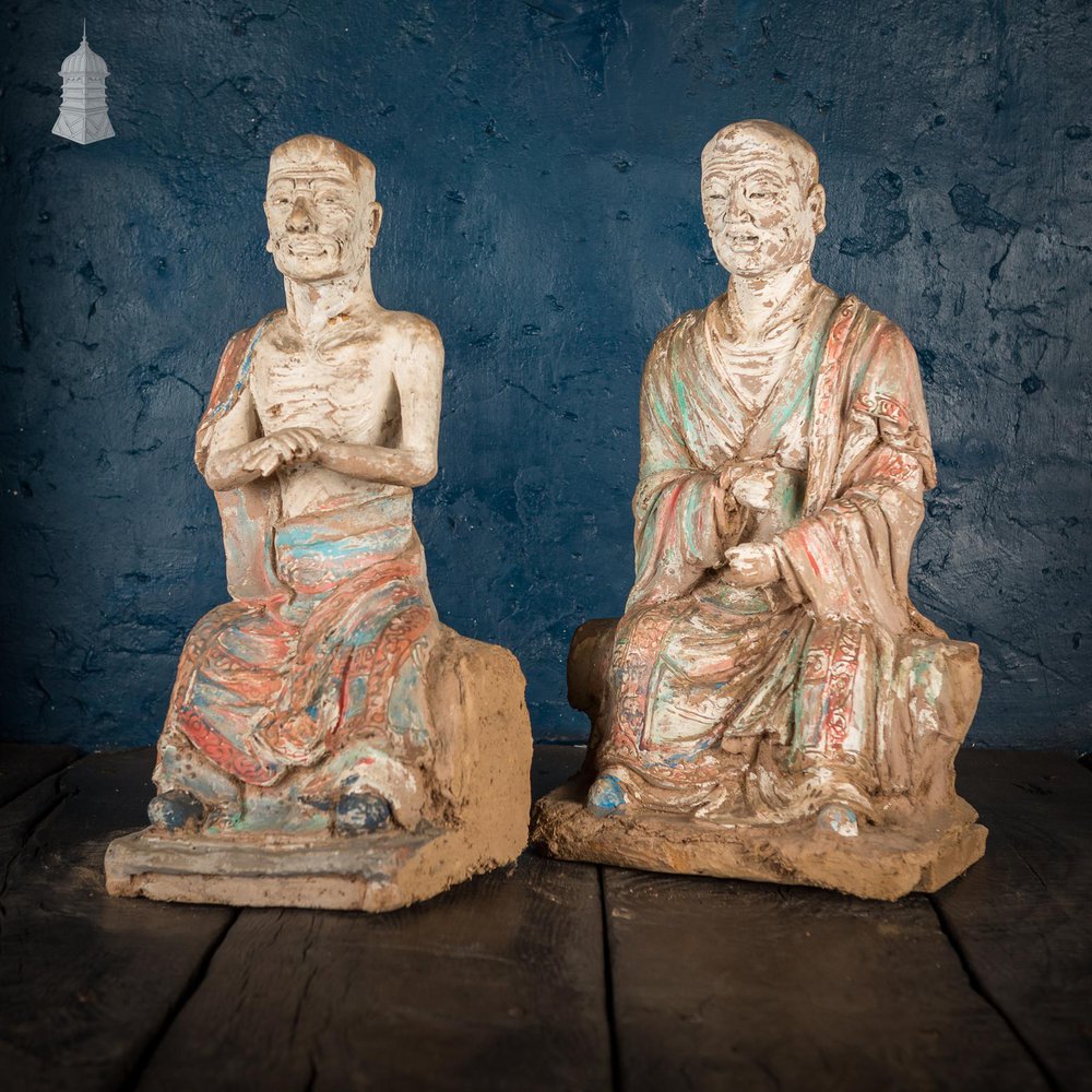 NR49221: A Pair of Chinese Early Ming Dynasty Luohans, Remnants of Blue, Red and White Pigment Height 50cm
