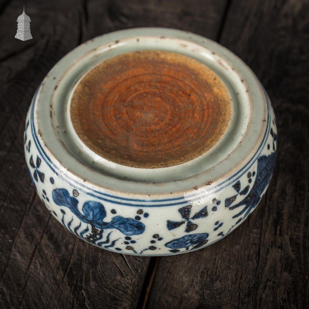 NR49321: Oriental Antique Blue & White Ink Stone Ming Style Decorated with Sturgeon Details