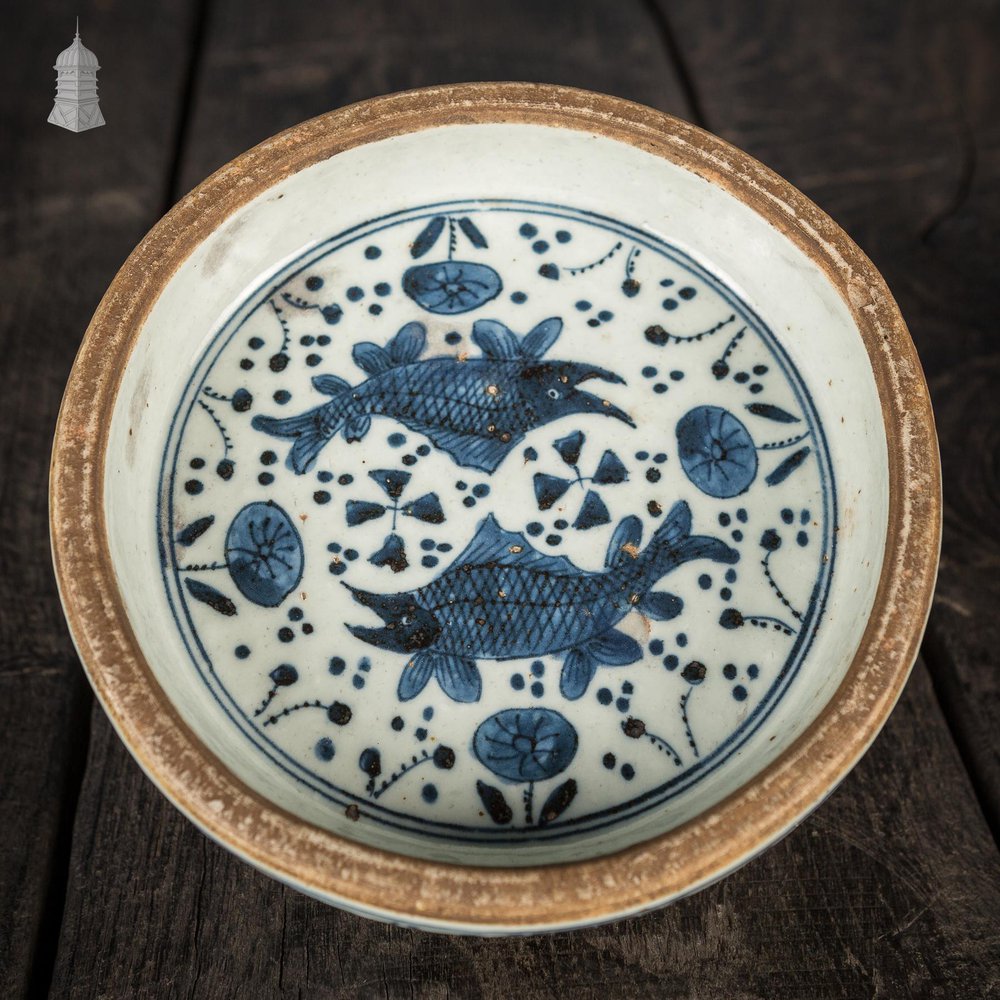 NR49321: Oriental Antique Blue & White Ink Stone Ming Style Decorated with Sturgeon Details