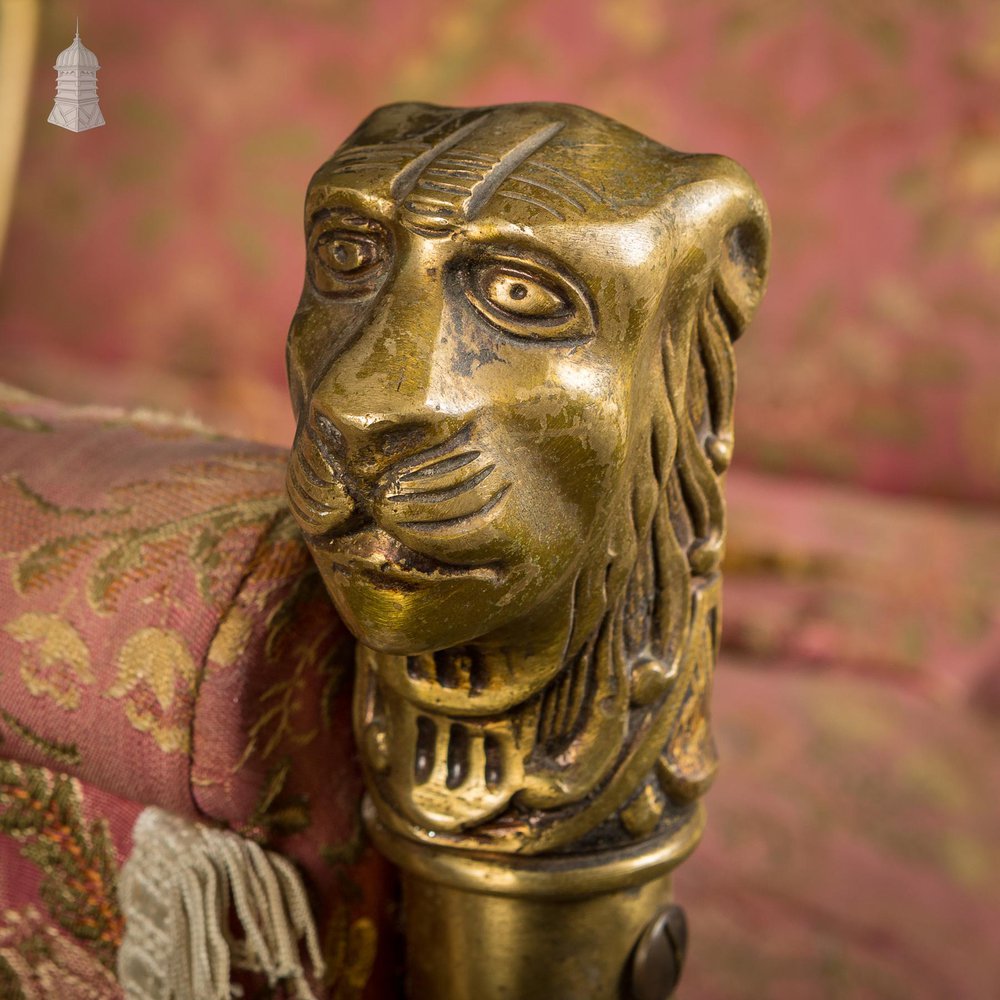 NR53521: Pair of Vintage Brass Lion Head and Paw Detail X Frame Stools for Upholstery
