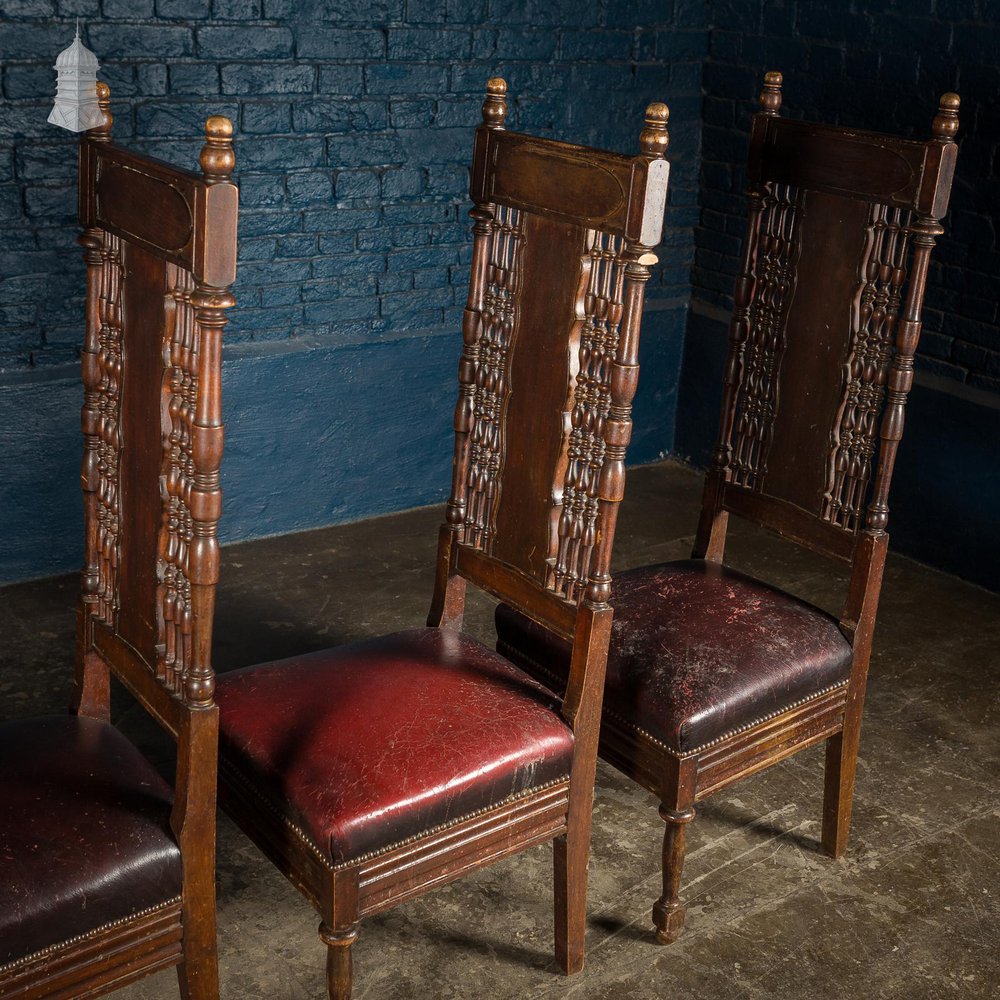 NR54821: Set of 6 19th C French Tall Back Dining Chairs with Worn Leather Seat Pads