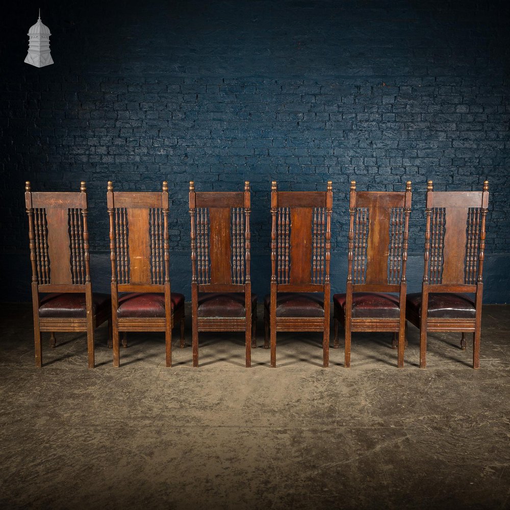 NR54821: Set of 6 19th C French Tall Back Dining Chairs with Worn Leather Seat Pads