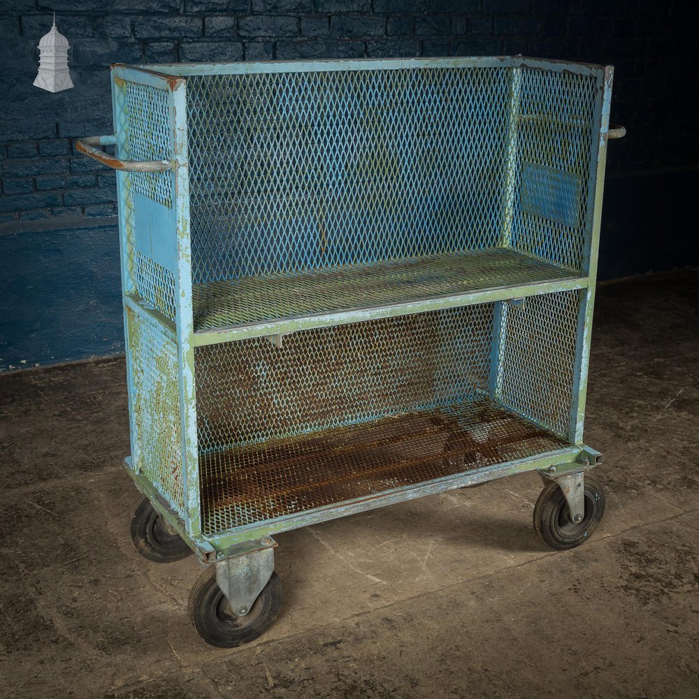 NR60021: Vintage Industrial Blue Steel Trolley Mobile Shelving Unit