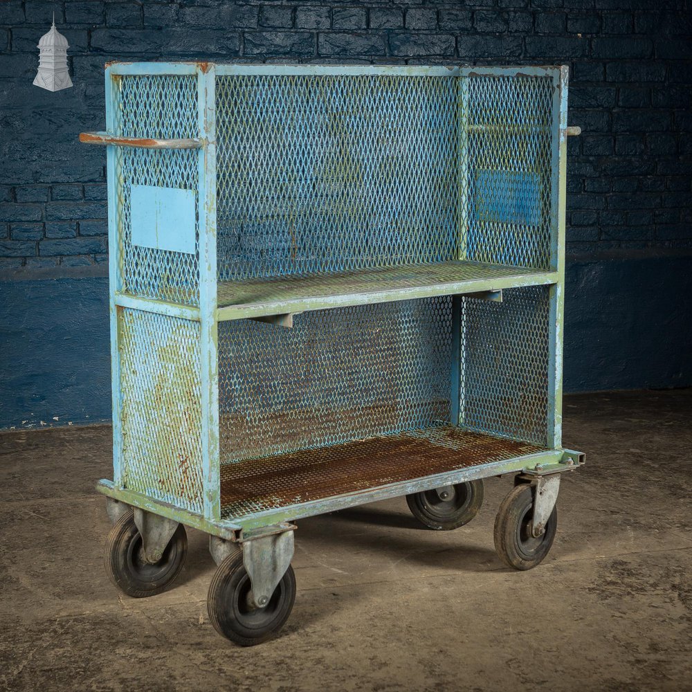 NR60021: Vintage Industrial Blue Steel Trolley Mobile Shelving Unit
