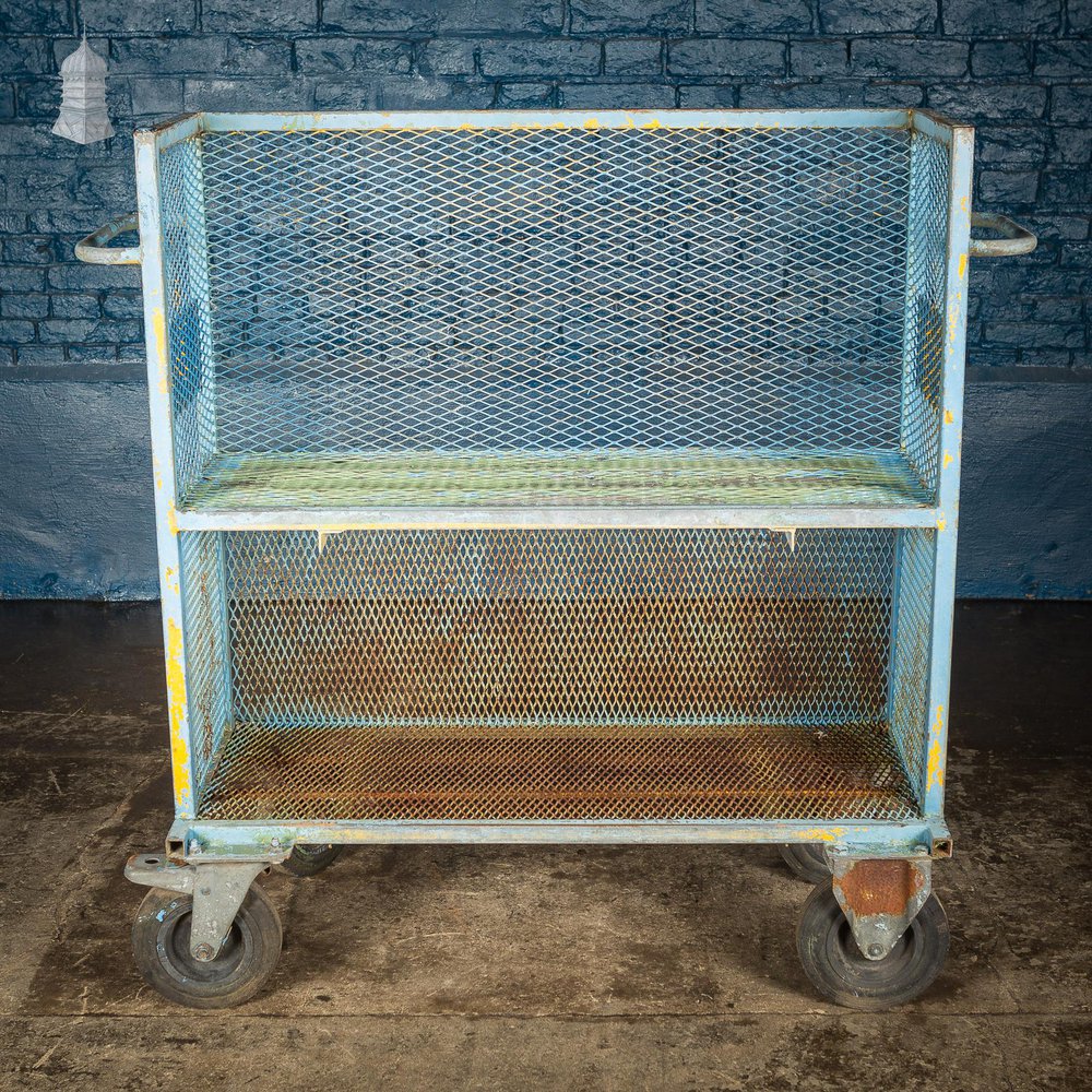 NR60521: Vintage Industrial Blue Steel Trolley Mobile Shelving Unit