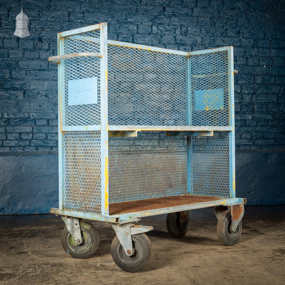 NR60521: Vintage Industrial Blue Steel Trolley Mobile Shelving Unit