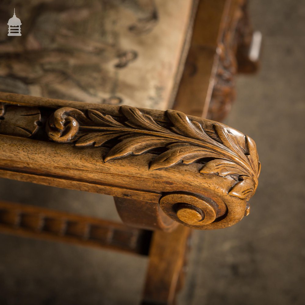 NR25421: 19th C Ornate Carved European Renaissance Walnut Grain X Frame Chair