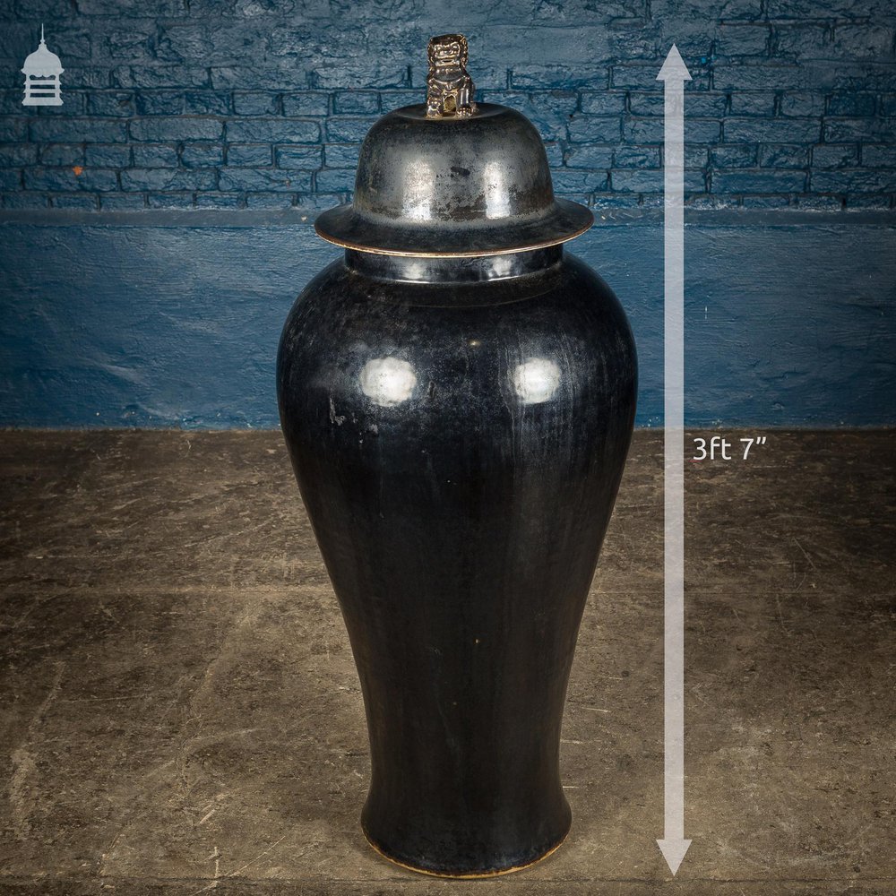 Large Floorstanding Black Glazed Oriental Ming Style Lidded Urn Vase