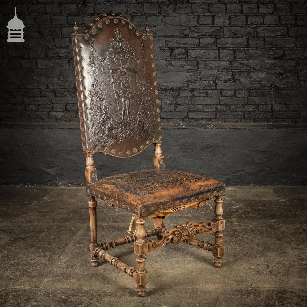 19th C Spanish Studded Throne Chair with Embossed Leather