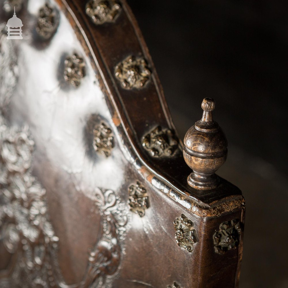 19th C Spanish Studded Throne Chair with Embossed Leather