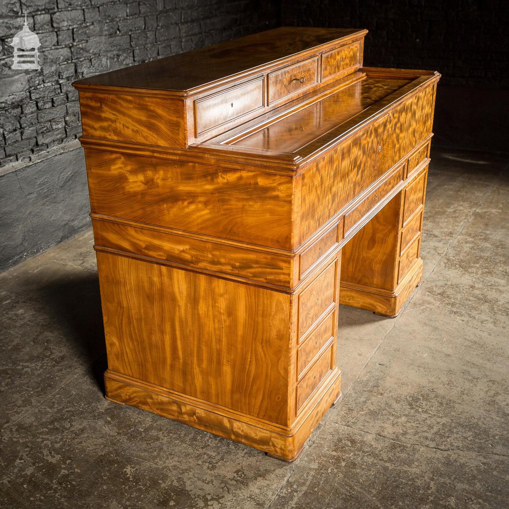 Early 19th C Maple Pedestal Bureau Desk with Internal Birds Eye Maple and Leather Writing Surface