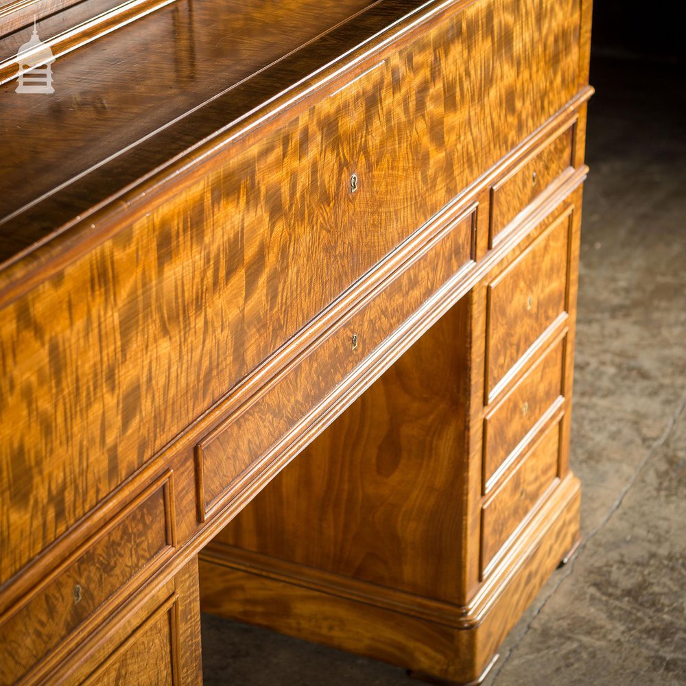 Early 19th C Maple Pedestal Bureau Desk with Internal Birds Eye Maple and Leather Writing Surface