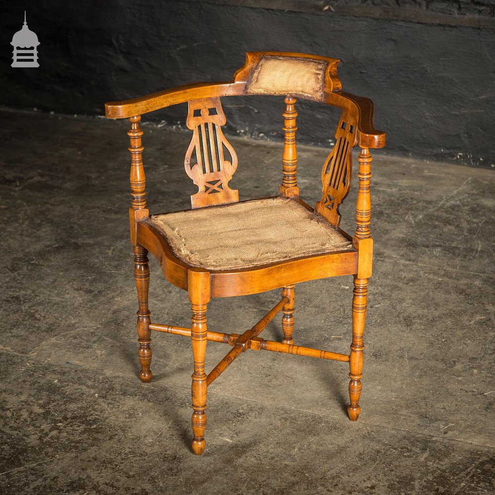 19th C Inlayed Courting Chairs With Fine Turned Wooden Leg and Lyre Back Design