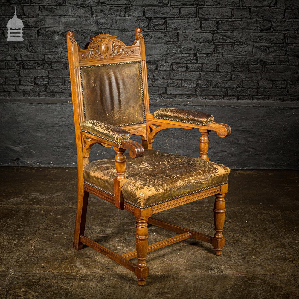 19th C Oak H Stretcher Throne Chair With Studded Worn Leather Seats, Arms and Back