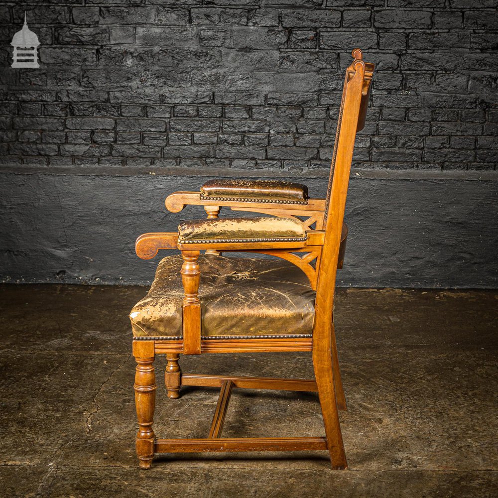 19th C Oak H Stretcher Throne Chair With Studded Worn Leather Seats, Arms and Back