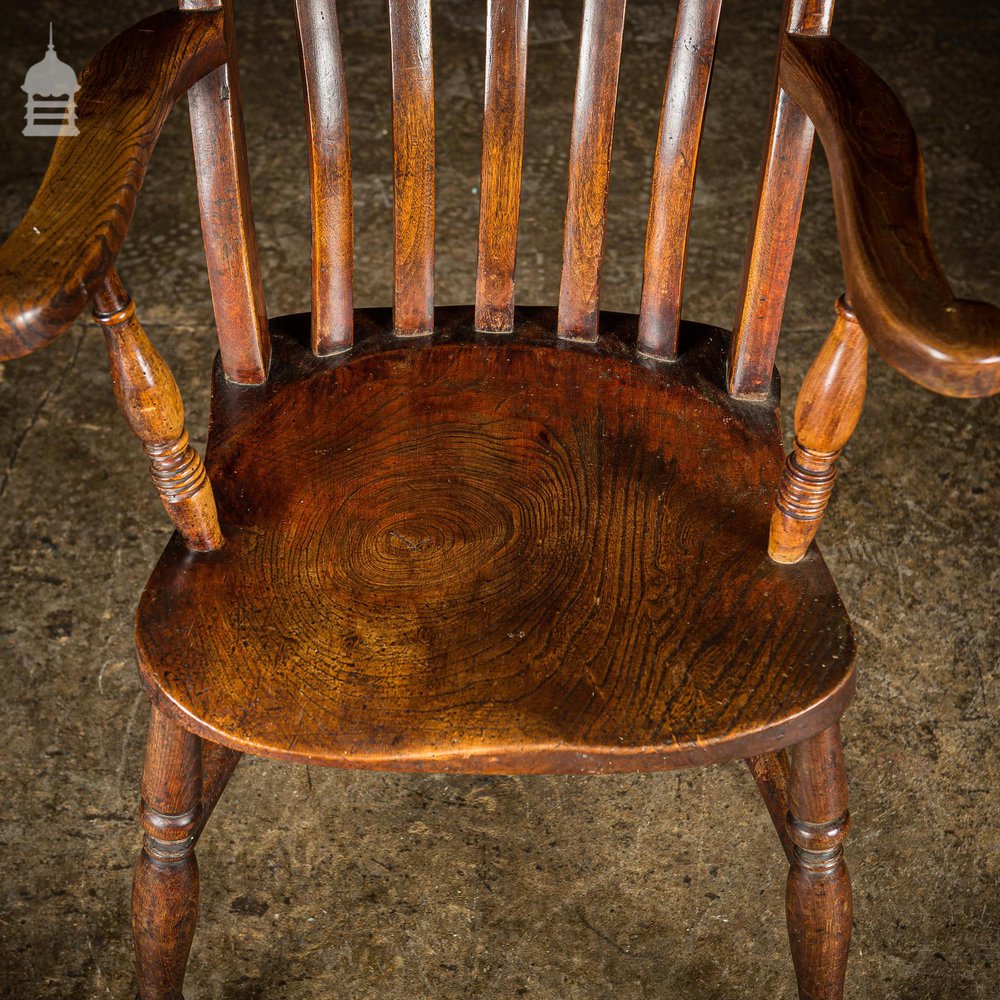 19th C Lath Back Windsor Armchair With H Stretcher and Turned Arm Supports