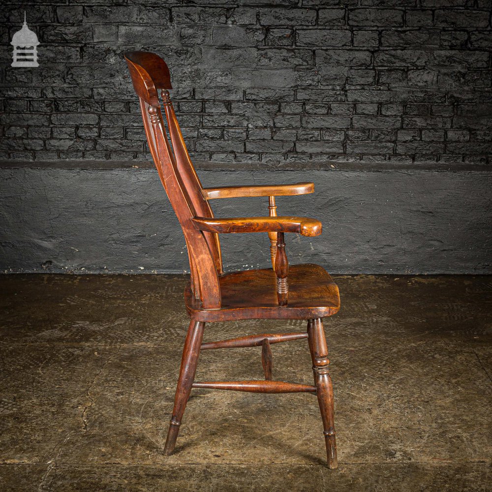 19th C Lath Back Windsor Armchair With H Stretcher and Turned Arm Supports
