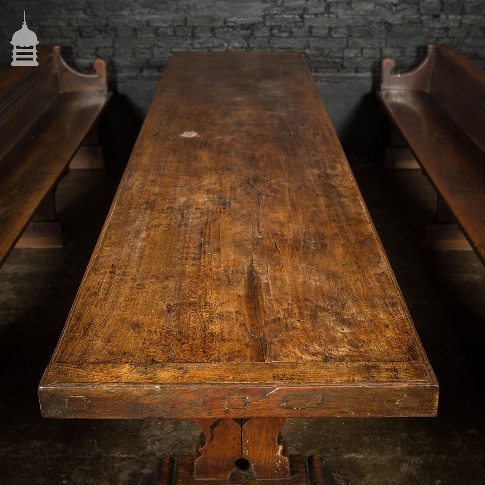 19th C Single Plank Walnut Banquet Table with Long Oak Pew Settles
