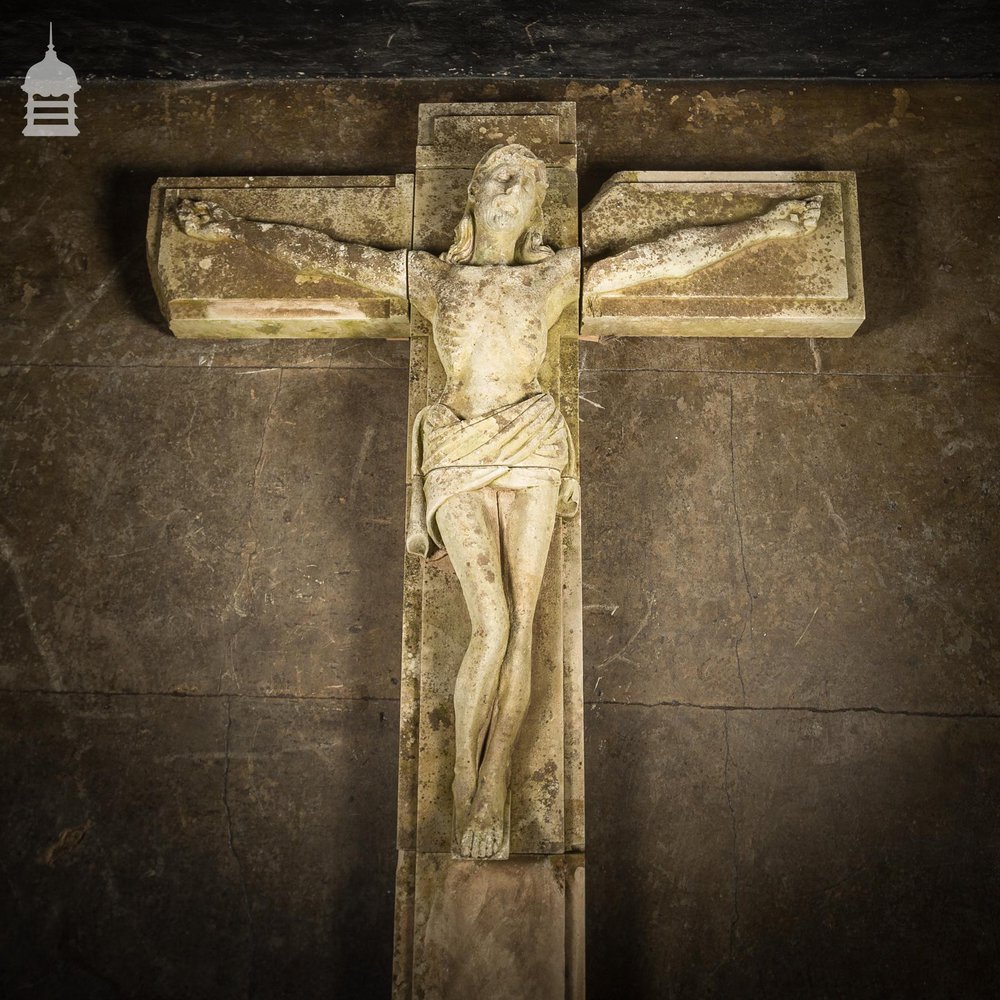 A Life-Sized Jesus On The Cross on a Huge 14ft x 6ft Crucifix Carved In Stone