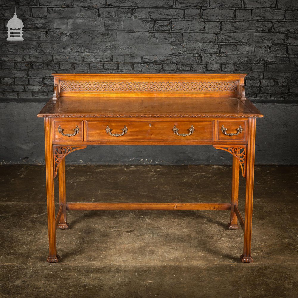 19th C Leather Bound Mahogany Side Table Desk Attributed To Thomas Chippendale