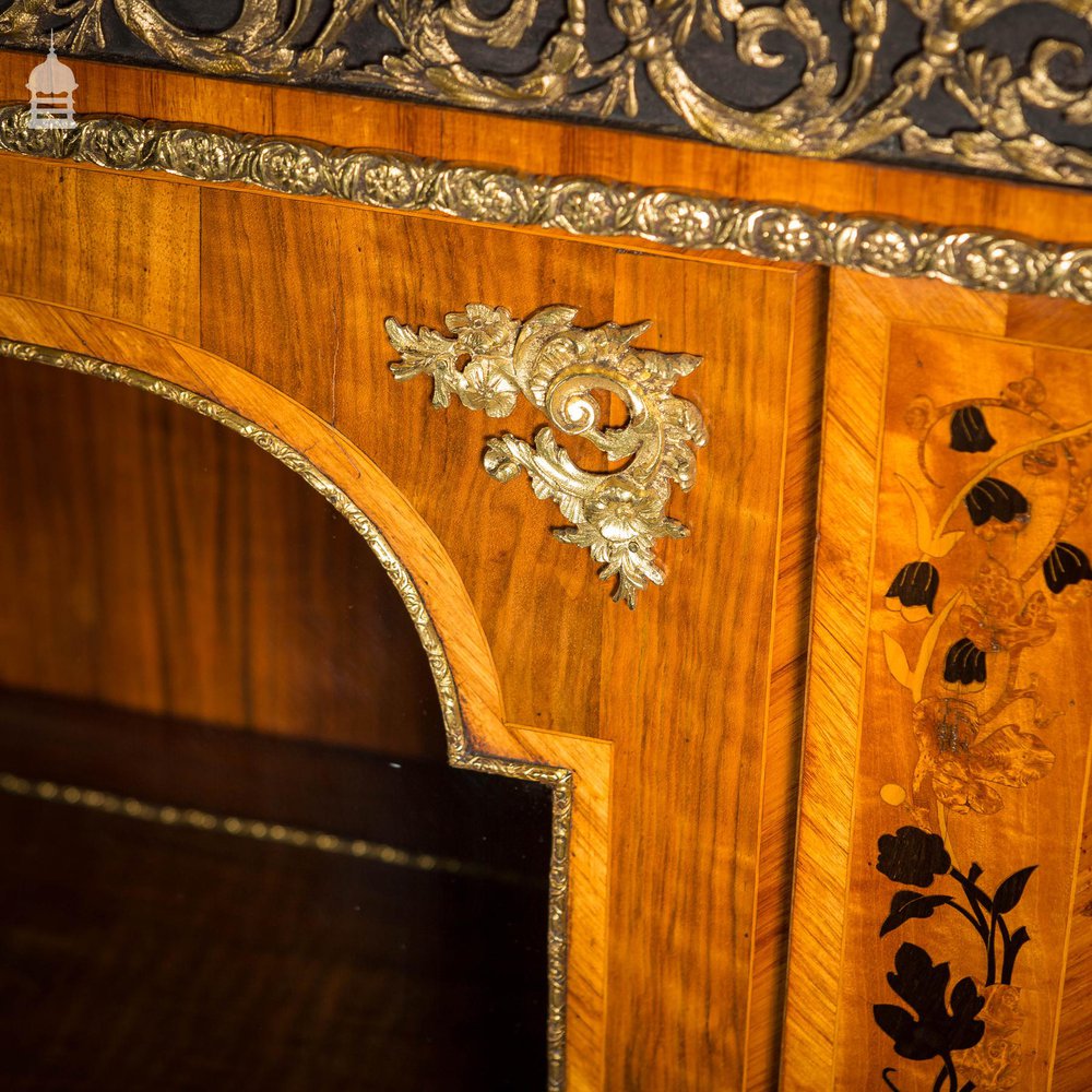 19th C French Empire Walnut Credenza with Intricate Marquetry and Brass Reliefs