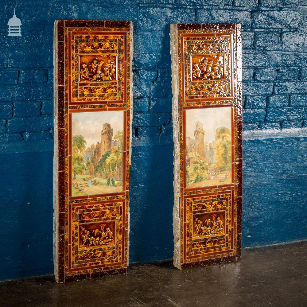 Pair of Late 19th C Ceramic Fireplace Tile Reliefs with Individual Details