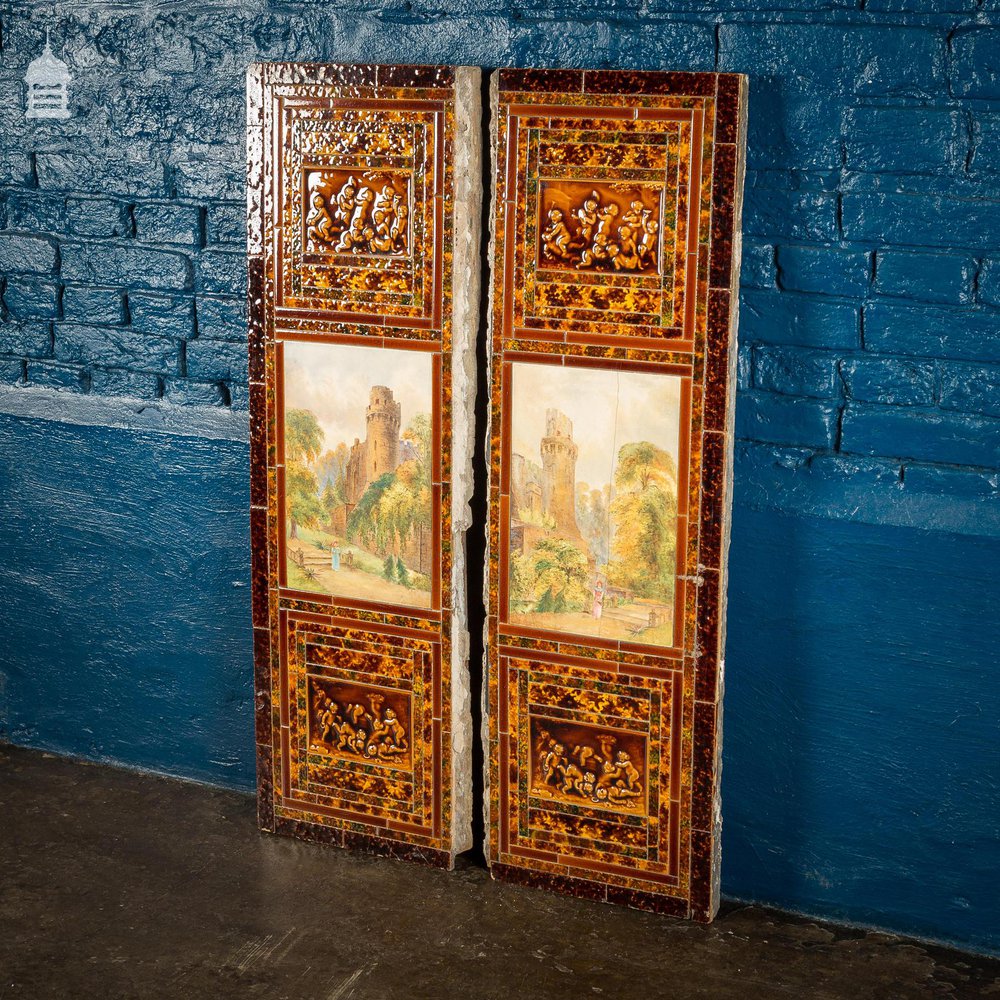 Pair of Late 19th C Ceramic Fireplace Tile Reliefs with Individual Details