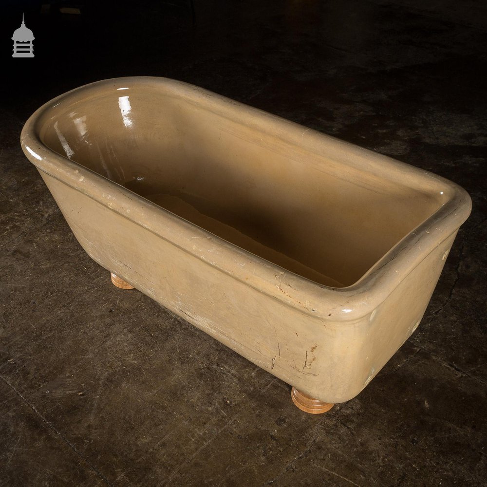 Victorian Small Size Cane Glazed Ceramic Bath & Hardwood Turned Feet