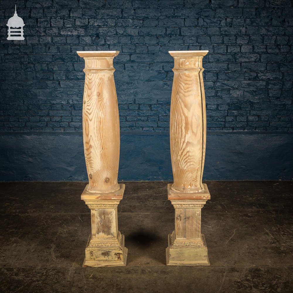 Pair of Marble Topped Pitch Pine Columns Made from Reclaimed Materials