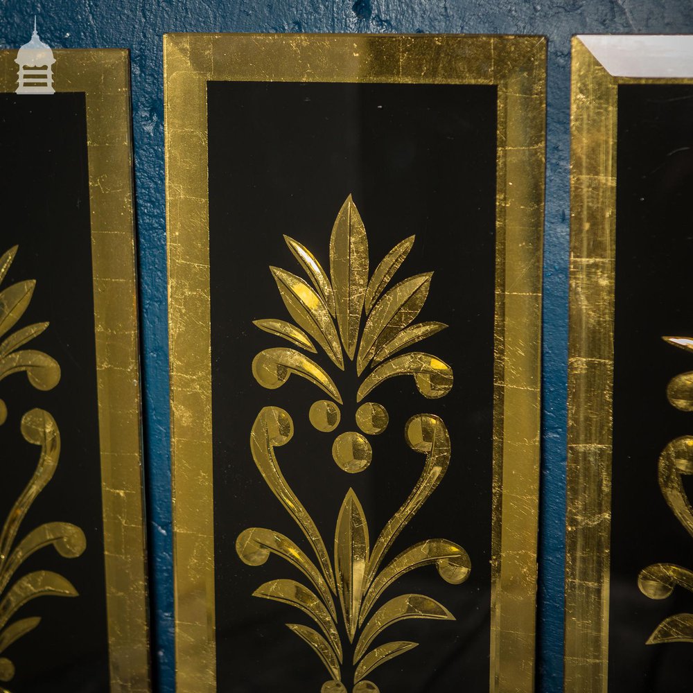 Set of Four 19th C Gold And Black Mirrored Ornate Patterned Glass Panels
