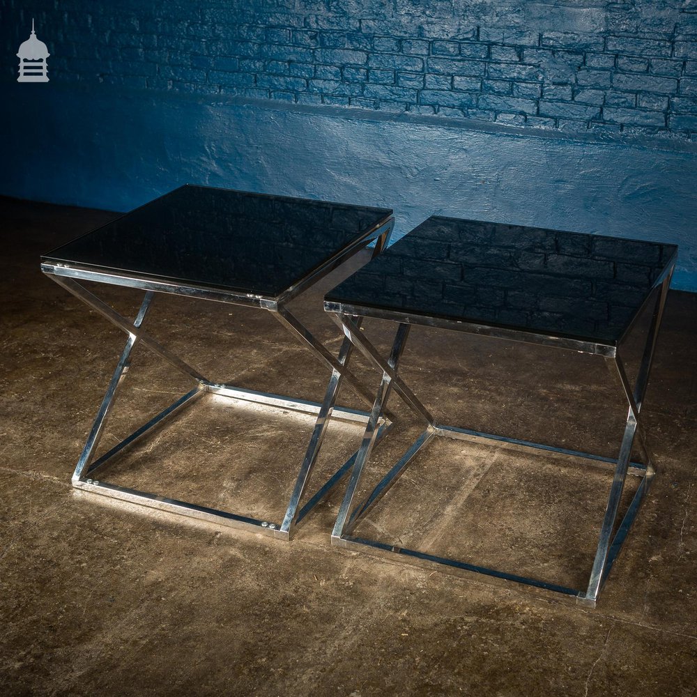 Pair of Modern Glass Top Tables on Contemporary Chrome Bases