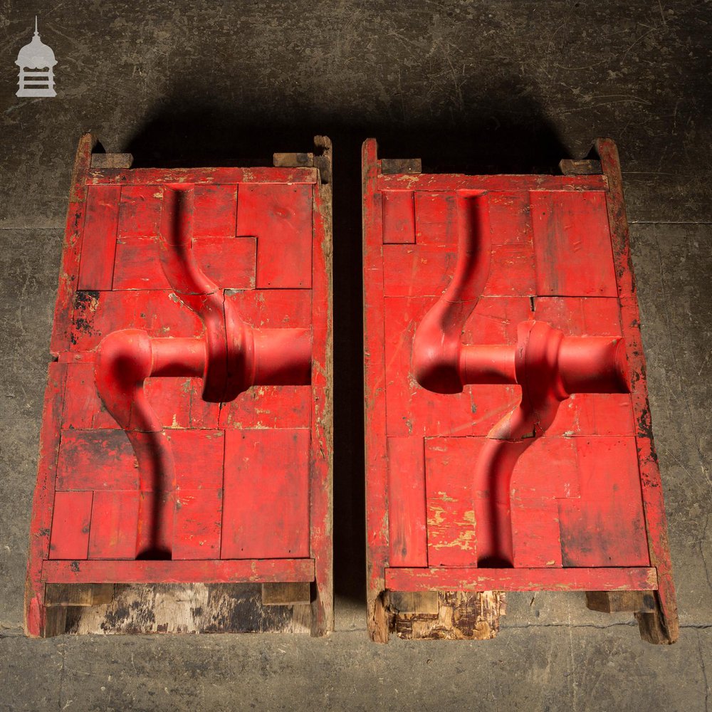 Pair of Red Wooden Vintage Industrial Factory Foundry Pattern Moulds