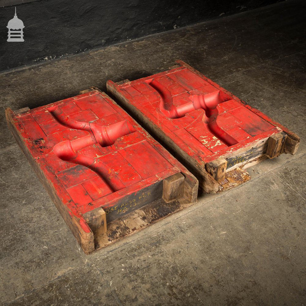 Pair of Red Wooden Vintage Industrial Factory Foundry Pattern Moulds