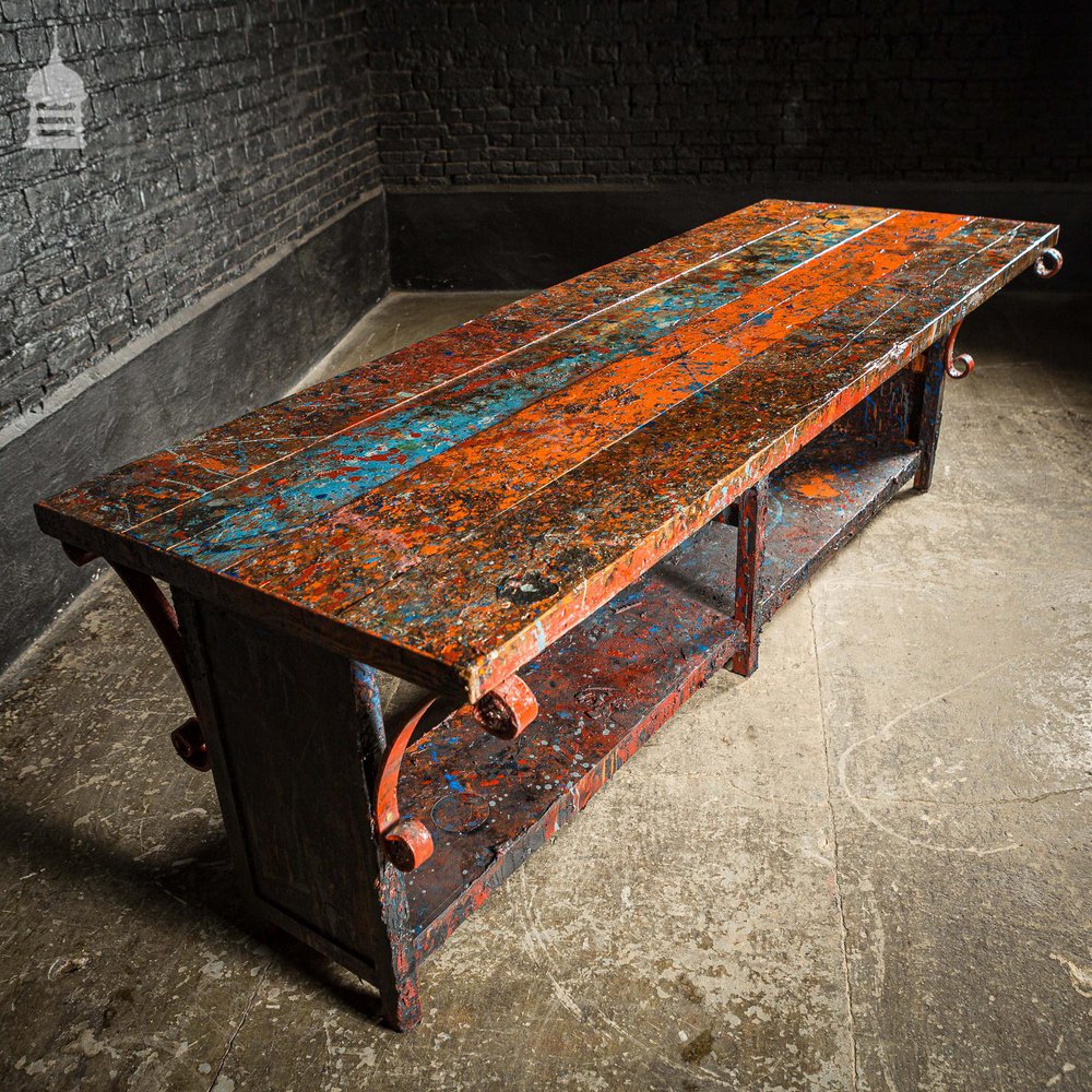 Pine Topped Custom Built ‘Paint Shop’ Dining Table with Iron Scroll Support Detail