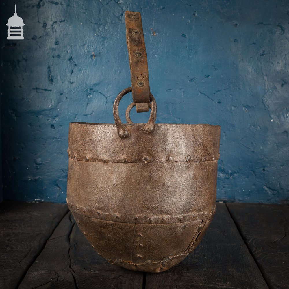 NR45021: 18th C Riveted Metal Bucket with Leather Strap Handle