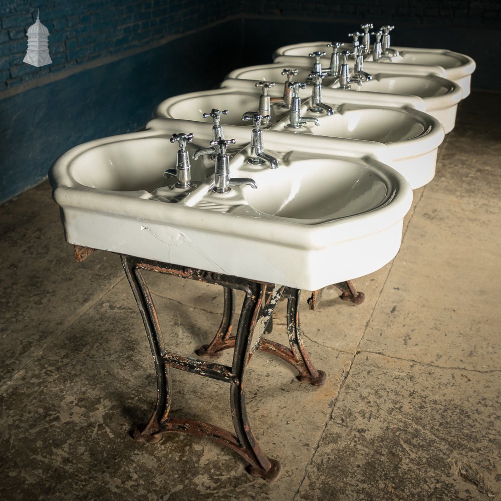 Communal Washroom Sinks, Original Edwardian Eight Basin Arrangement on Cast Iron Stand