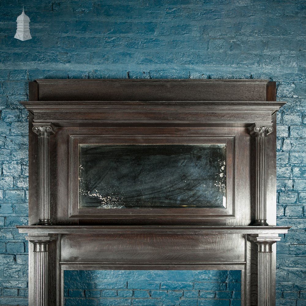 Fire Surround With Mirrored Overmantel, 19th C Neo Classical Oak with Fluted Corinthian Columns