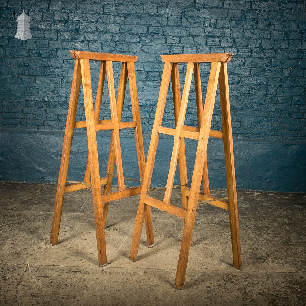 Tall Trestle Coffin Stands, 19th C Oak with Brass hardware, Pair
