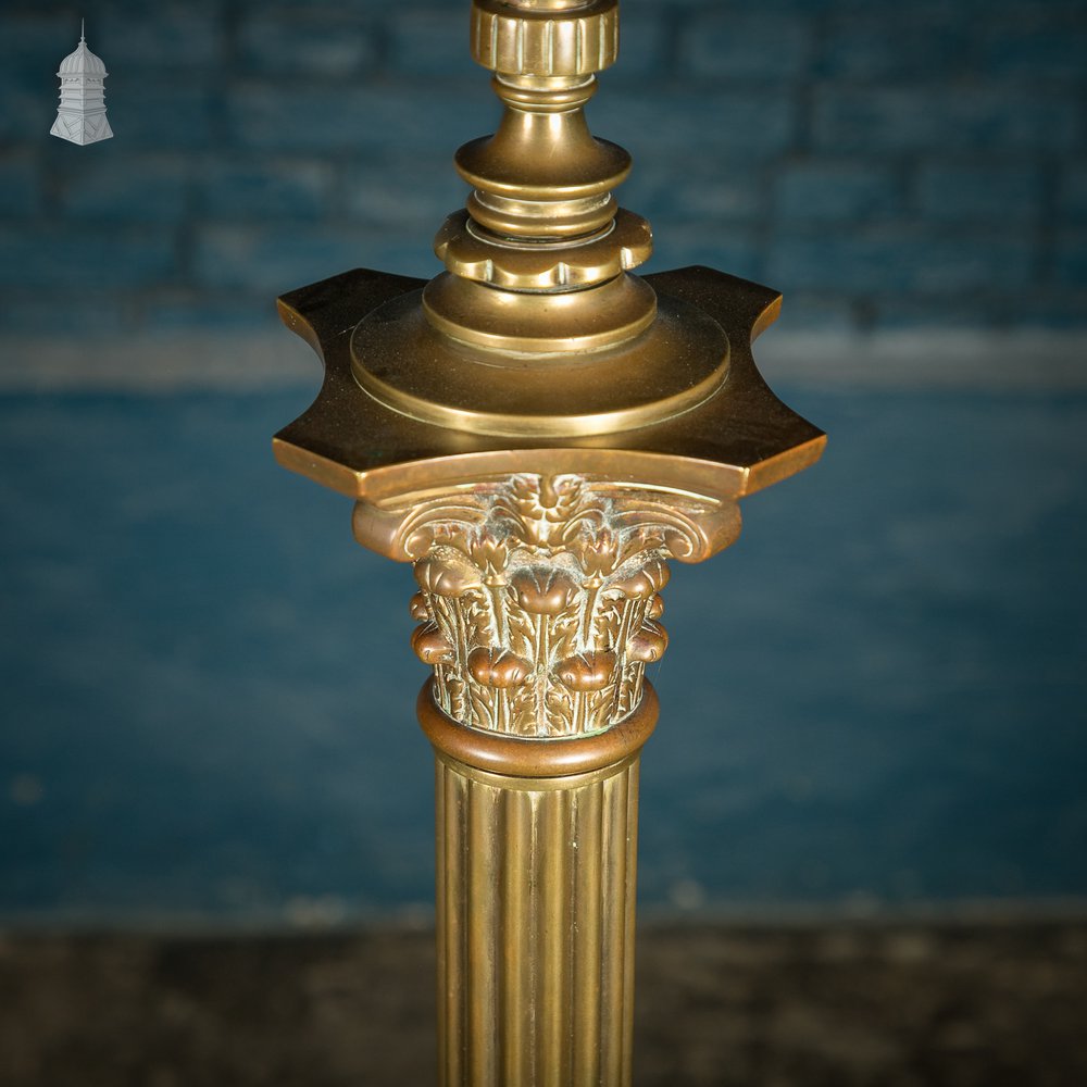 Brass Standard Lamps by Elkington & Co, Adjustable 19th C Neo Classical Corinthian Columns with Paw Feet